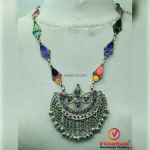 Handmade Kuchi Tribal Necklace, Colorful Boho Statement Jewelry with Vintage Eth